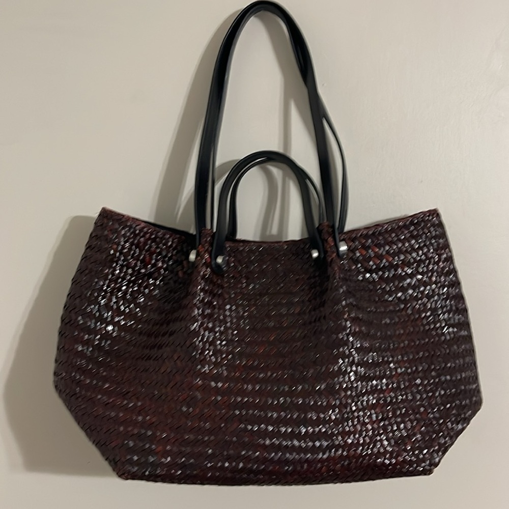 AllSaints Dark Brown Woven Leather Tote with Black Handles